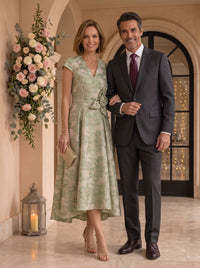 Jacquard Satin V Neck A Line Tea Length Mother of the Bride Dresses