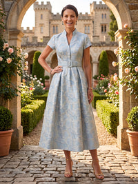 Jacquard Satin V Neck A Line Tea Length Mother of the Bride Dresses with Belt