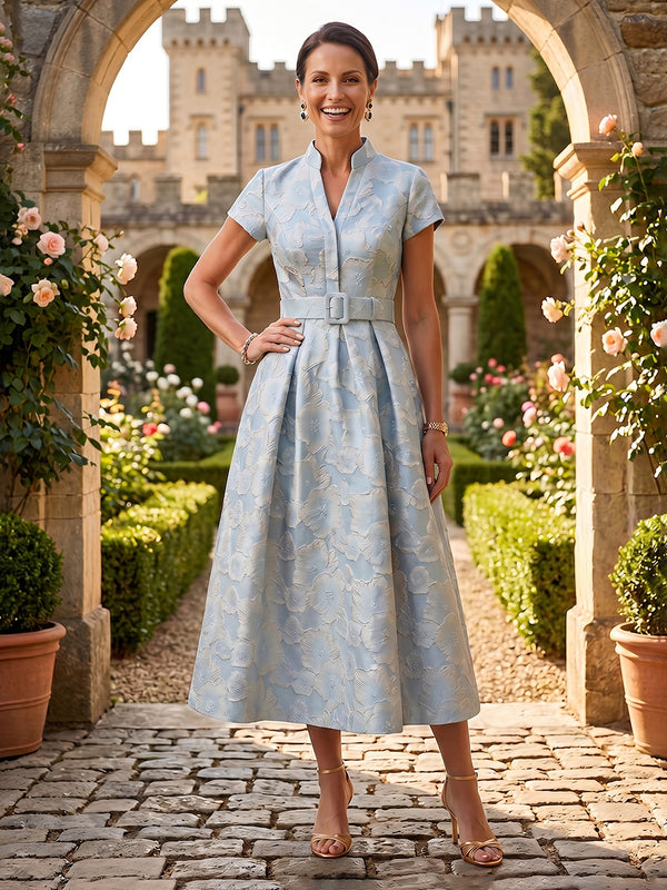 Jacquard Satin V Neck A Line Tea Length Mother of the Bride Dresses with Belt