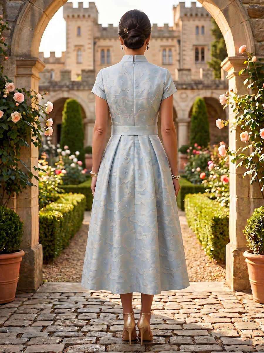 Jacquard Satin V Neck A Line Tea Length Mother of the Bride Dresses with Belt