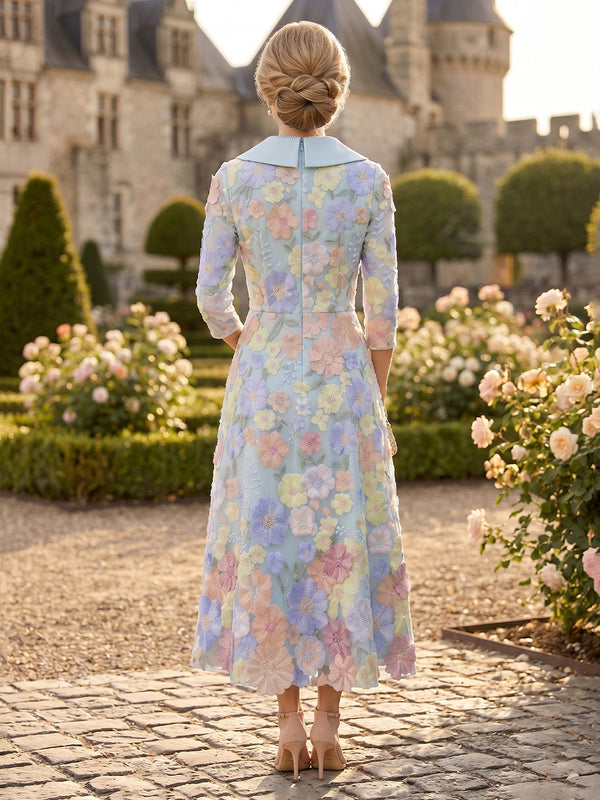 V Neck A Line Tea Length Mother of the Bride Dresses with Sleeves