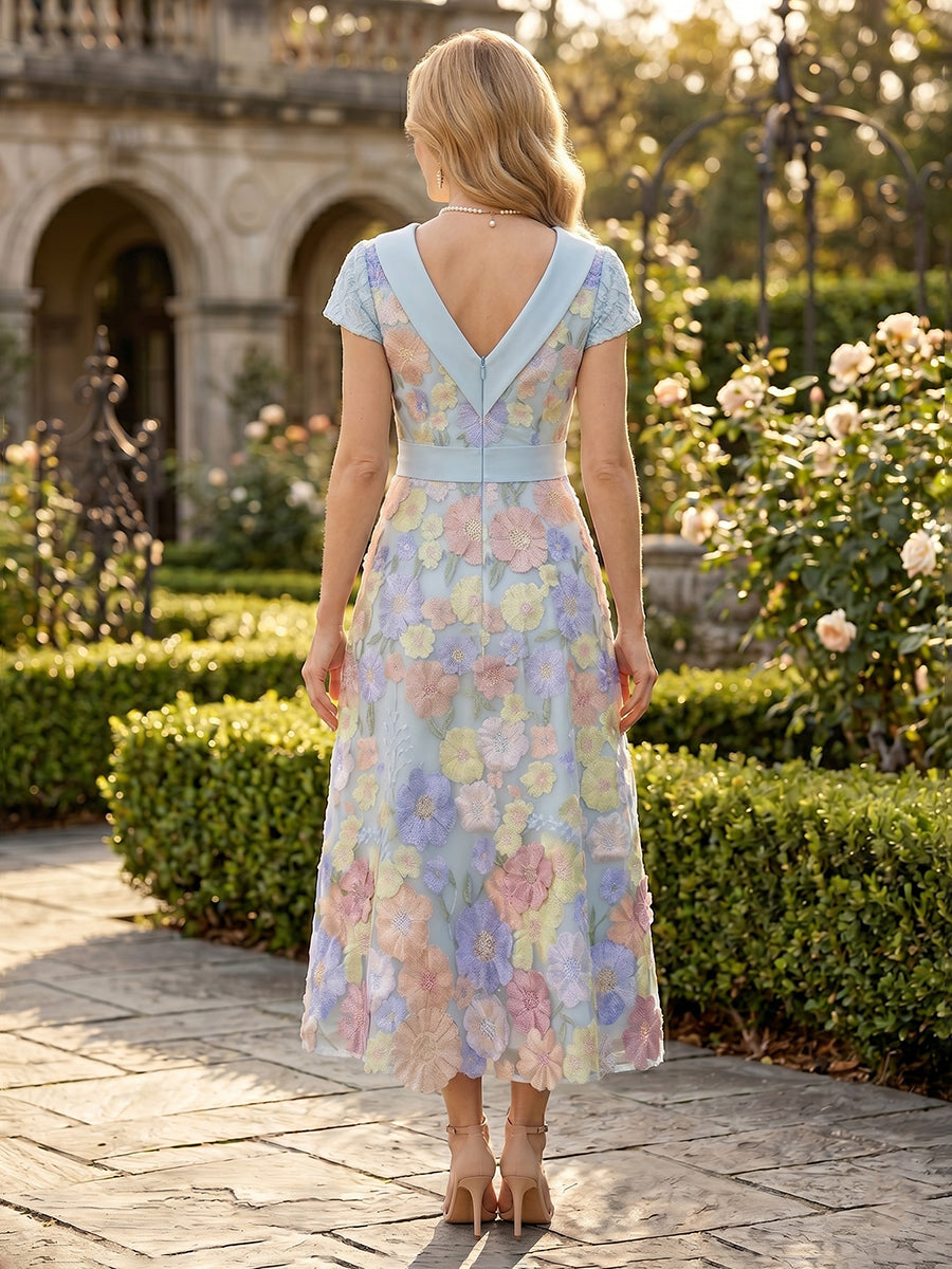 V Neck A Line Tea Length Mother of the Bride Dresses with Bow