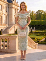 Jacquard Satin Mermaid Off the Shoulder Mother of the Bride Dresses Tea Length