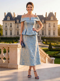 Jacquard Satin Mermaid Off the Shoulder Ruffles Mother of the Bride Dresses Tea Length