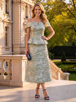 Jacquard Satin Mermaid Off the Shoulder Mother of the Bride Dresses with Ruffles Tea Length