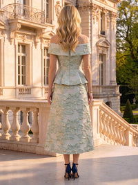 Jacquard Satin Mermaid Off the Shoulder Mother of the Bride Dresses with Ruffles Tea Length