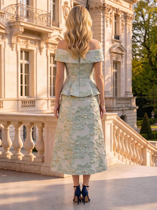 Jacquard Satin Mermaid Off the Shoulder Mother of the Bride Dresses with Ruffles Tea Length