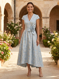 Jacquard Satin V Neck A Line Mother of the Bride Dresses Tea Length