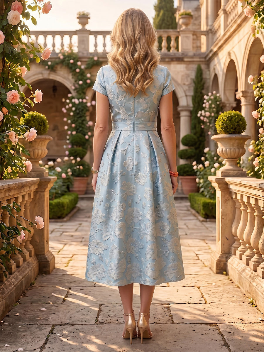 Jacquard Satin V Neck A Line Mother of the Bride Dresses with Pockets Tea Length