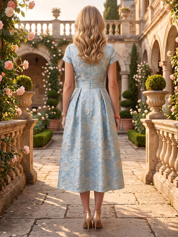 Jacquard Satin V Neck A Line Mother of the Bride Dresses with Pockets Tea Length