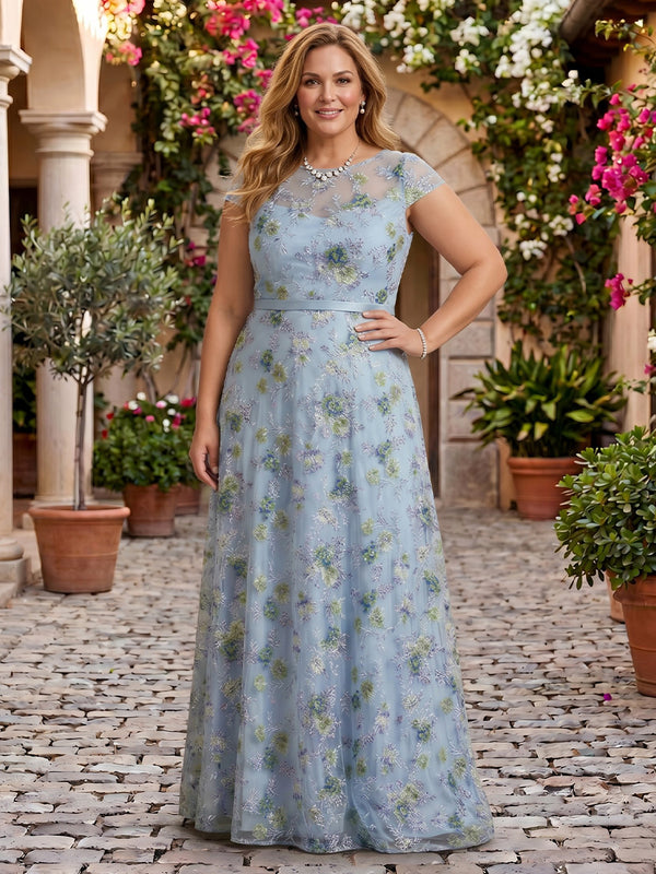 Jacquard Tulle Round Neck A Line Long Mother of the Bride Dresses