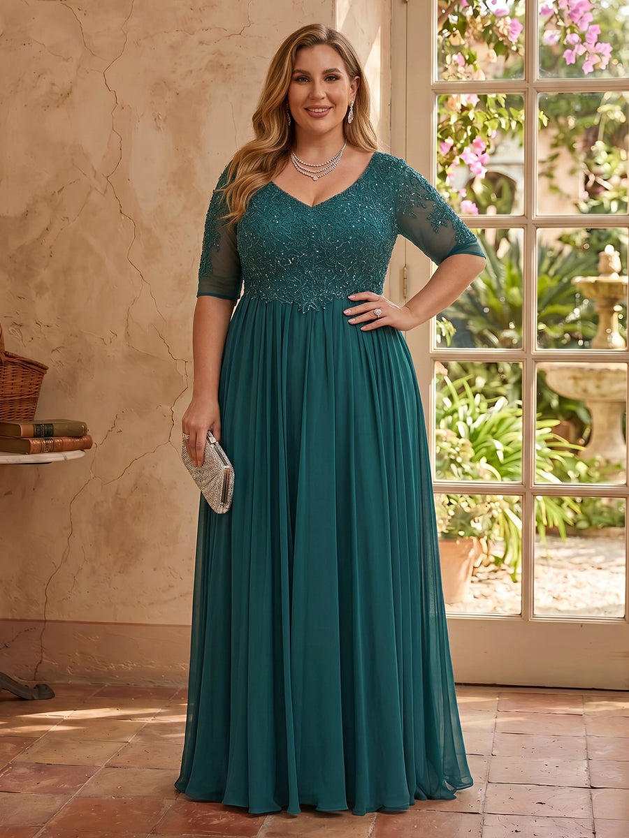 Plus Size Lace Long Sleeves A Line Mother of the Bride Dresses