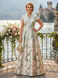 Jacquard Plus Size V Neck A Line Short Sleeves Mother of the Bride Dresses