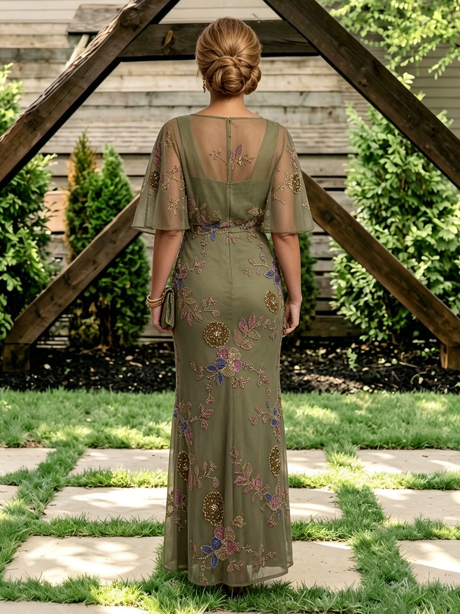 Jacquard Round Neck Mermaid Short Sleeves Mother of the Bride Dresses