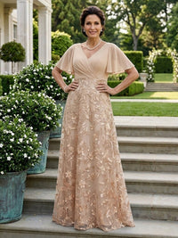 Jacquard V Neck A Line Short Sleeves Mother of the Bride Dresses