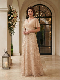 Jacquard V Neck A Line Short Sleeves Mother of the Bride Dresses