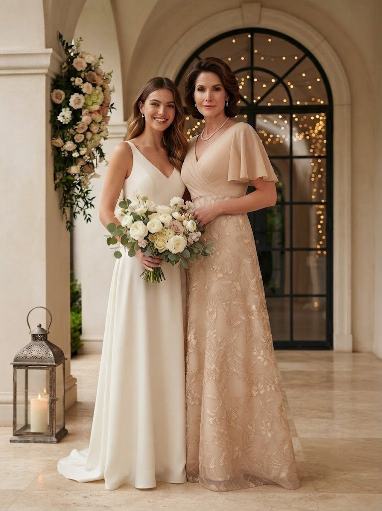 Jacquard V Neck A Line Short Sleeves Mother of the Bride Dresses