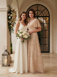Jacquard V Neck A Line Short Sleeves Mother of the Bride Dresses