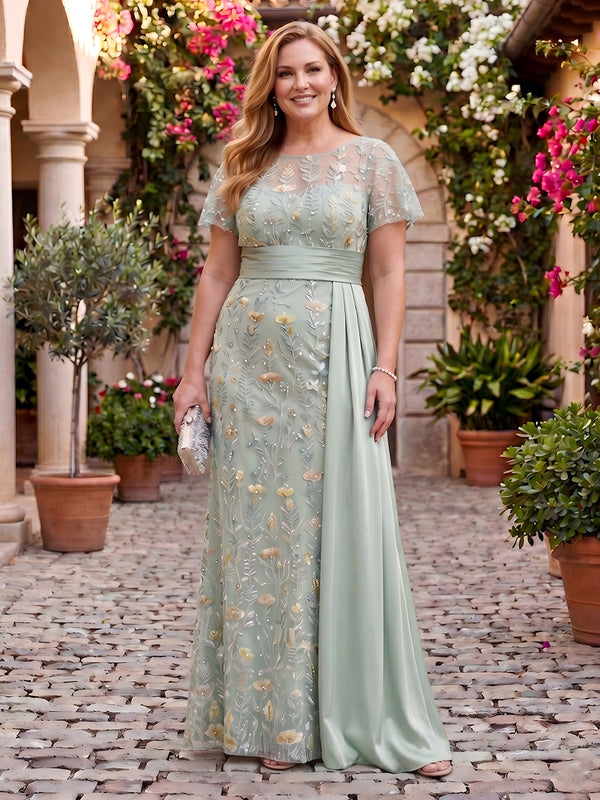 Jacquard Short Sleeves Plus Size Mermaid Long Mother of the Bride Dresses