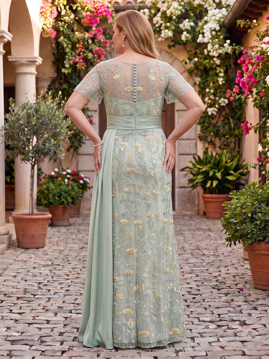 Jacquard Short Sleeves Plus Size Mermaid Long Mother of the Bride Dresses