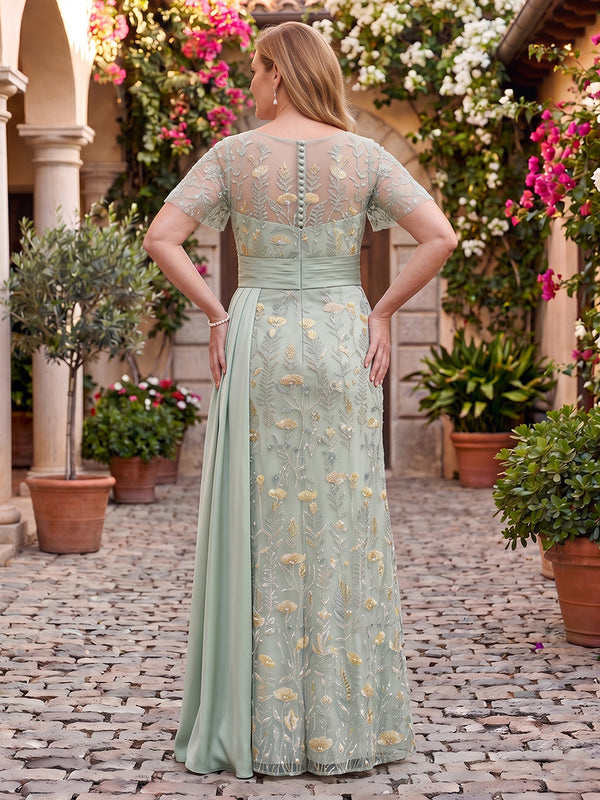 Jacquard Short Sleeves Plus Size Mermaid Long Mother of the Bride Dresses