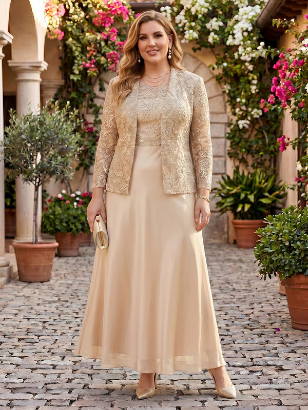 2 Pieces Lace Plus Size A Line Long Sleeves  Mother of the Bride Dresses