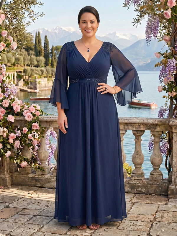 Chiffon V Neck A Line Long Sleeves Mother of the Bride/Groom Dresses Plus Size