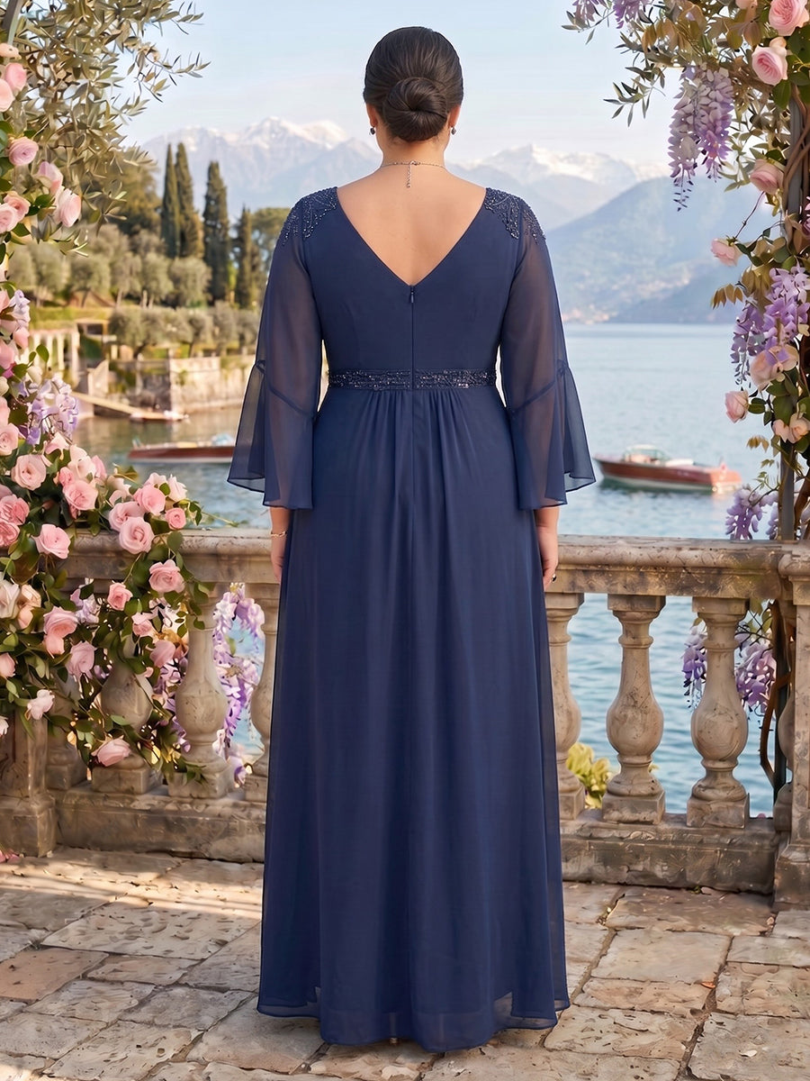 Chiffon V Neck A Line Long Sleeves Mother of the Bride/Groom Dresses Plus Size