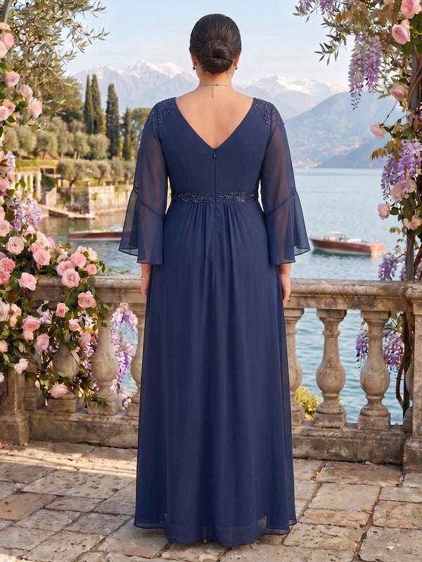 Chiffon V Neck A Line Long Sleeves Mother of the Bride/Groom Dresses Plus Size