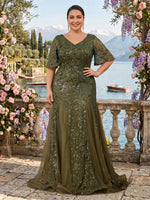 Short Sleeves Sequin V Neck Mermaid Mother of the Bride/Groom Dresses Plus Size