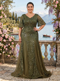 Short Sleeves Sequin V Neck Mermaid Mother of the Bride/Groom Dresses Plus Size