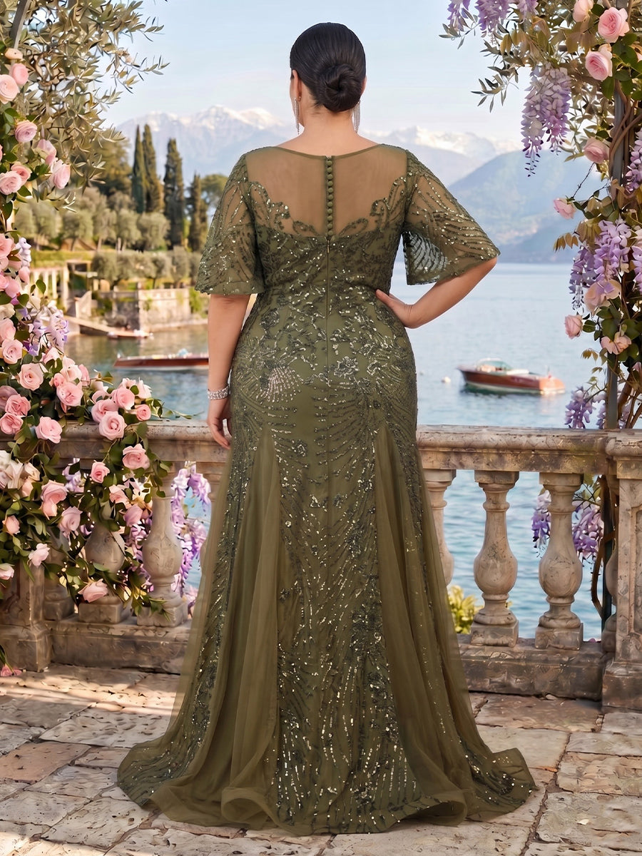 Short Sleeves Sequin V Neck Mermaid Mother of the Bride/Groom Dresses Plus Size