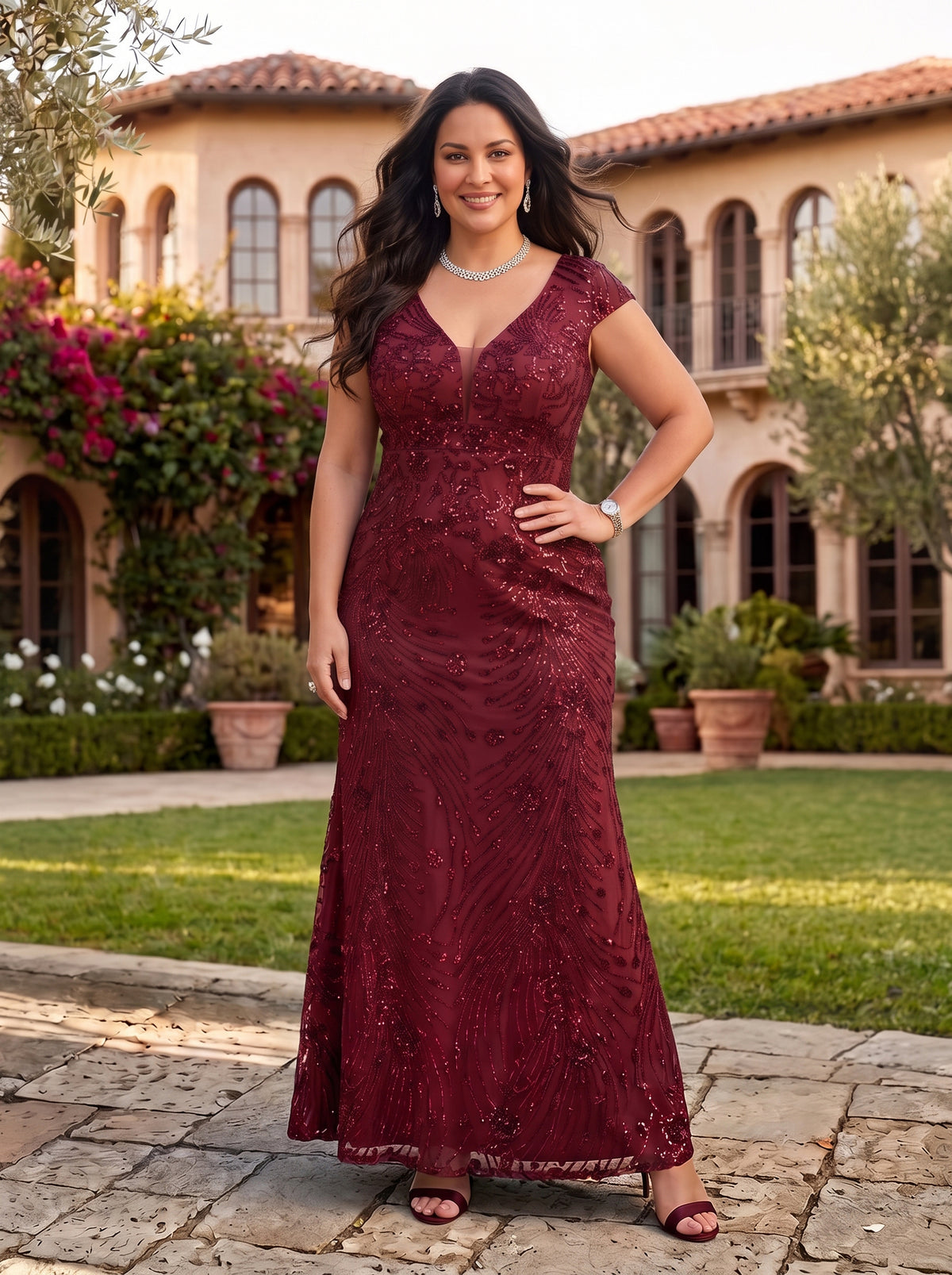 Sequin V Neck Mermaid Sheath Mother of the Bride/Groom Dresses Plus Size