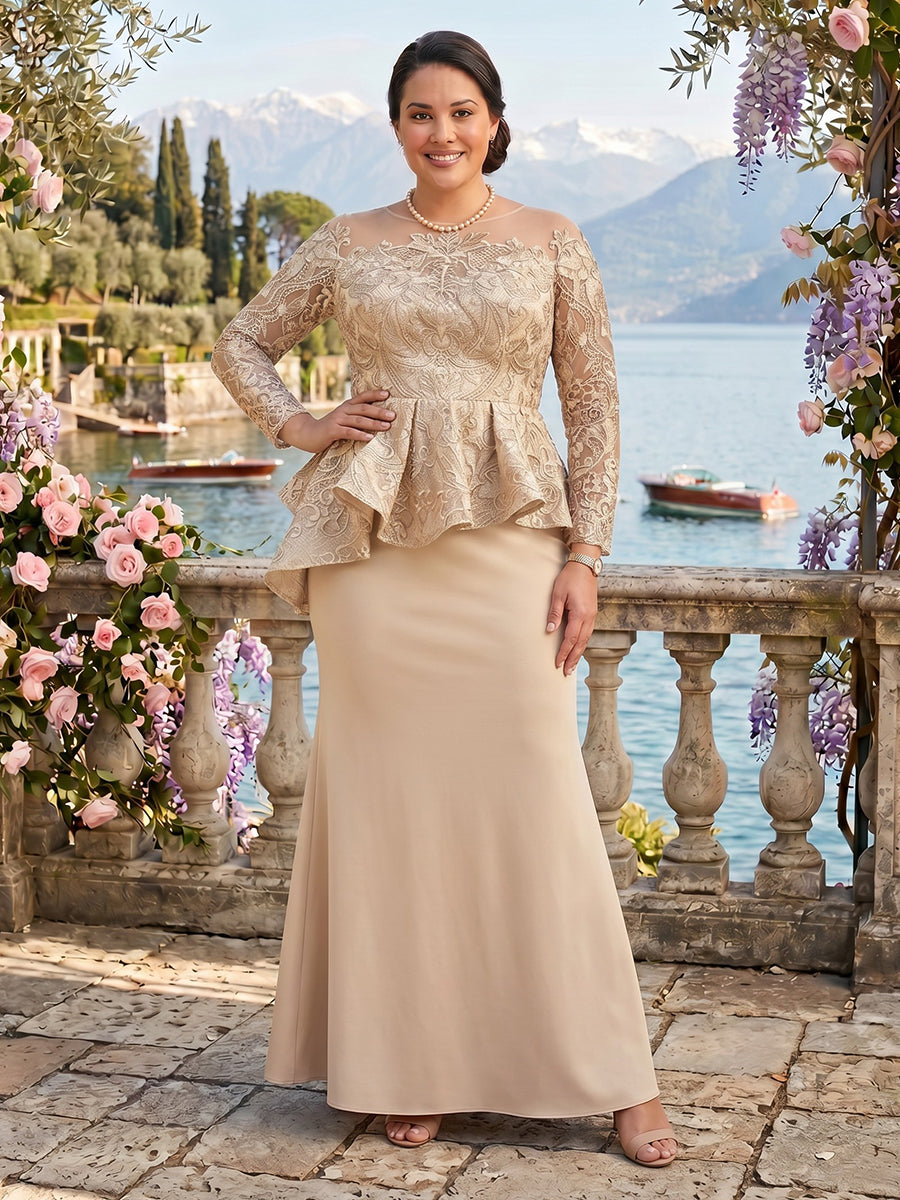 Satin Jewel Long Sleeves Lace Mother of the Bride/Groom Dresses Plus Size