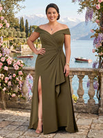 Satin Off the Shoulder A Line Slit Mother of the Bride/Groom Dresses Plus Size