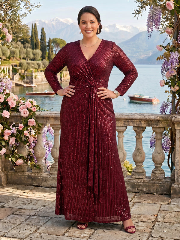 Sequin V Neck Mermaid Long Sleeves Mother of the Bride/Groom Dresses Plus Size