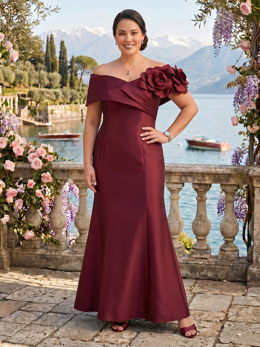 Short Sleeves Satin Off the Shoulder Mermaid Mother of the Bride/Groom Dresses Plus Size