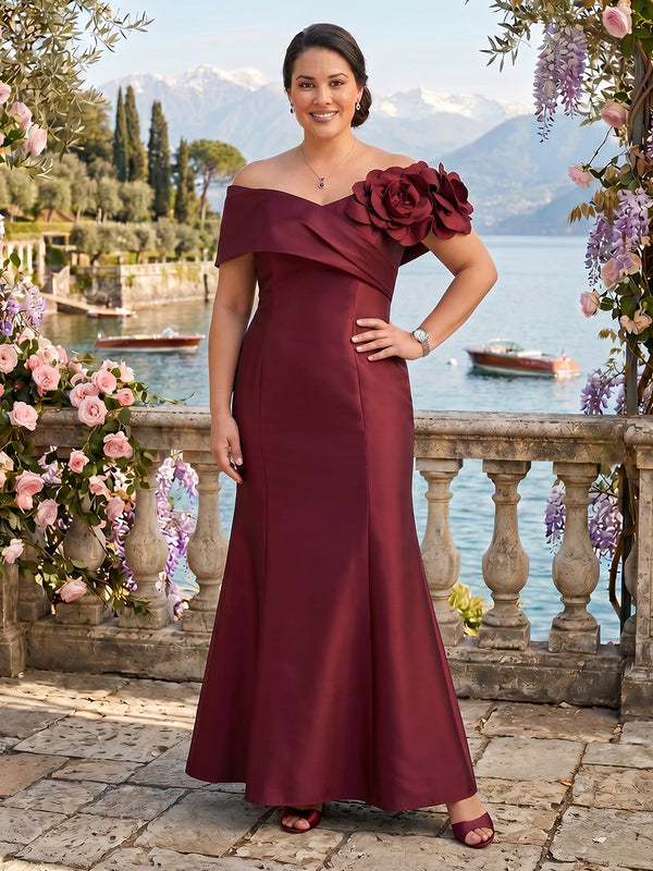 Short Sleeves Satin Off the Shoulder Mermaid Mother of the Bride/Groom Dresses Plus Size