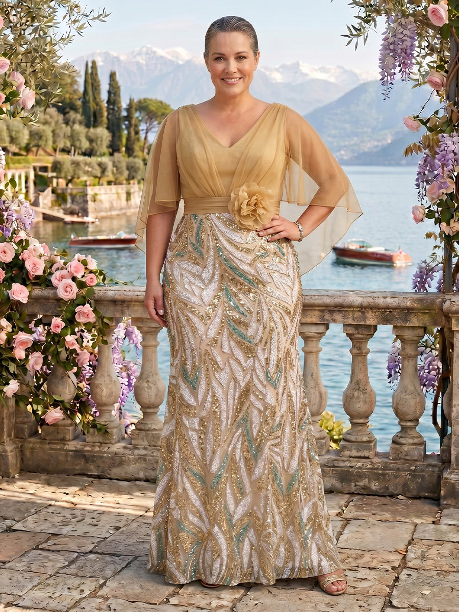 Jacquard Plus Size V Neck Mermaid Mother of the Bride/Groom Dresses