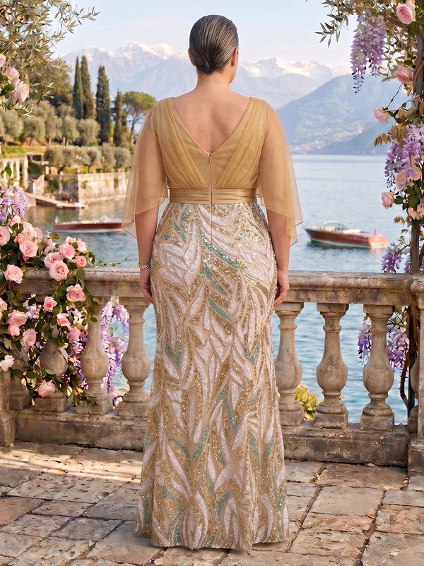 Jacquard Plus Size V Neck Mermaid Mother of the Bride/Groom Dresses