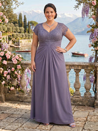 V Neck A Line Short Sleeves Lace Mother of the Bride/Groom Dresses Plus Size