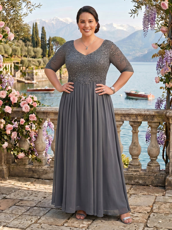 V Neck A Line Short Sleeves Chiffon Mother of the Bride/Groom Dresses Plus Size