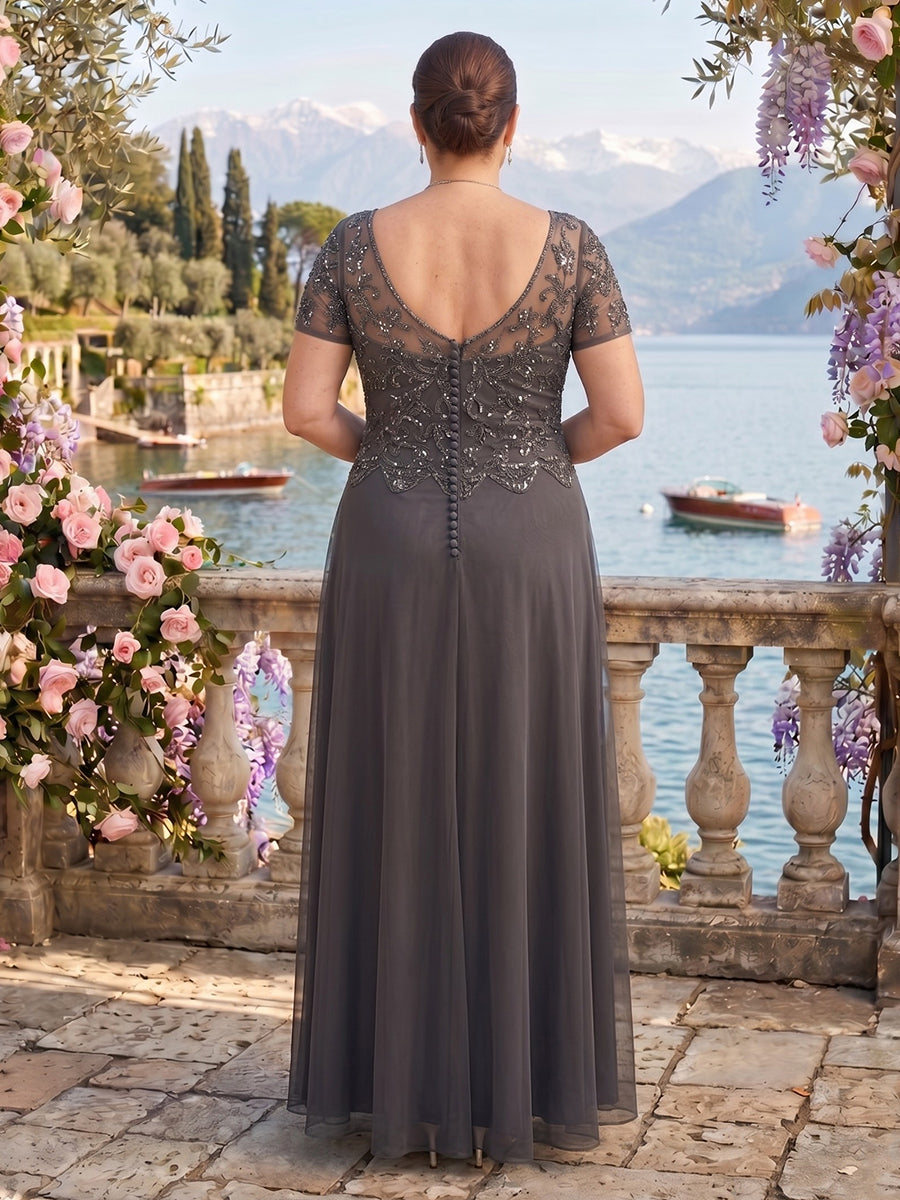 Lace Short Sleeves Plus Size A Line Round Neck Mother of the Bride Dresses
