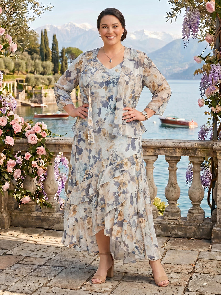 Two Piece V Neck Chiffon Floral Mother of the Bride/Groom Dresses Plus Size