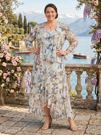 Two Piece V Neck Chiffon Floral Mother of the Bride/Groom Dresses Plus Size