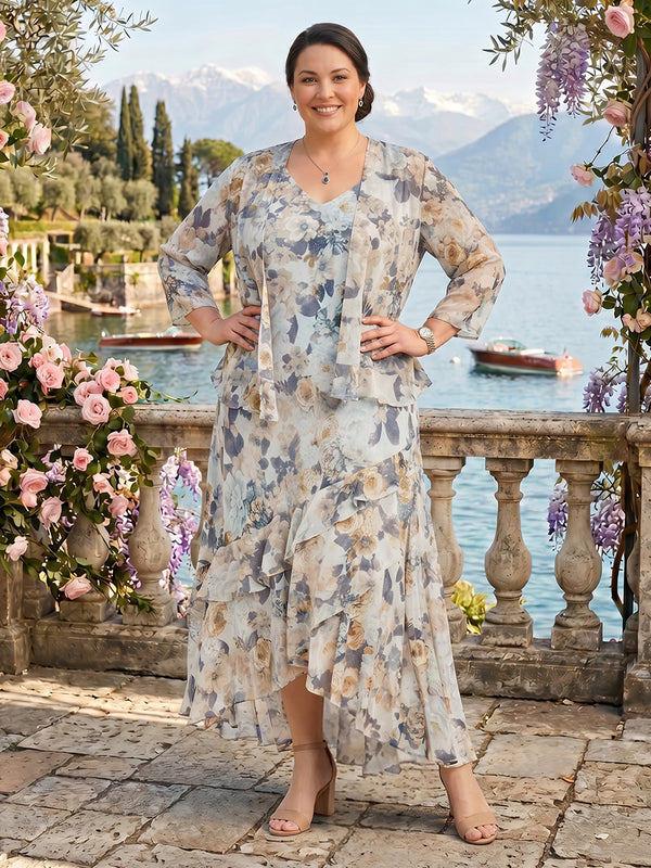Two Piece V Neck Chiffon Floral Mother of the Bride/Groom Dresses Plus Size
