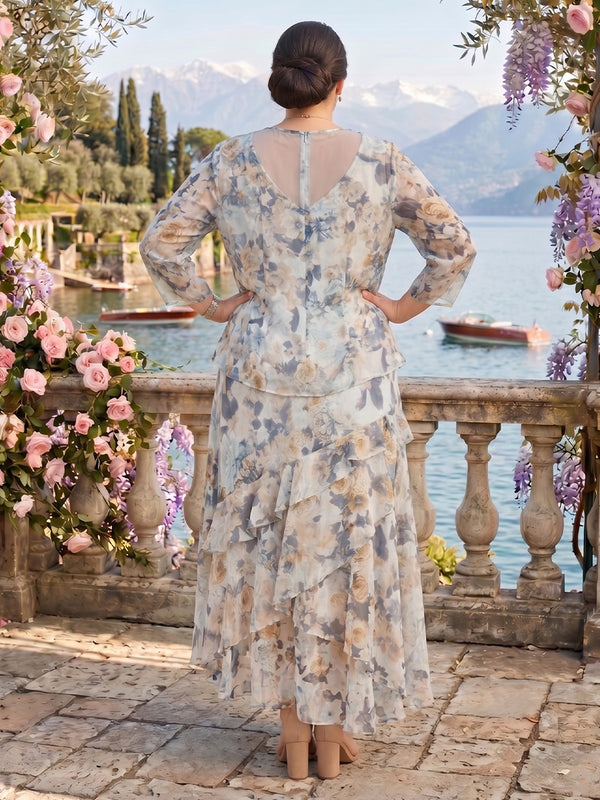 Two Piece V Neck Chiffon Floral Mother of the Bride/Groom Dresses Plus Size