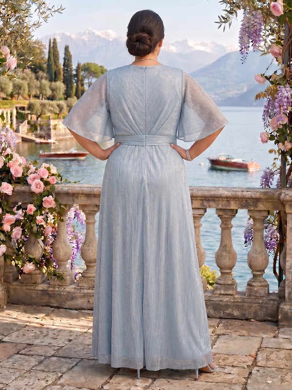 Tulle Short Sleeves Plus Size A Line V Neck Mother of the Bride Dresses