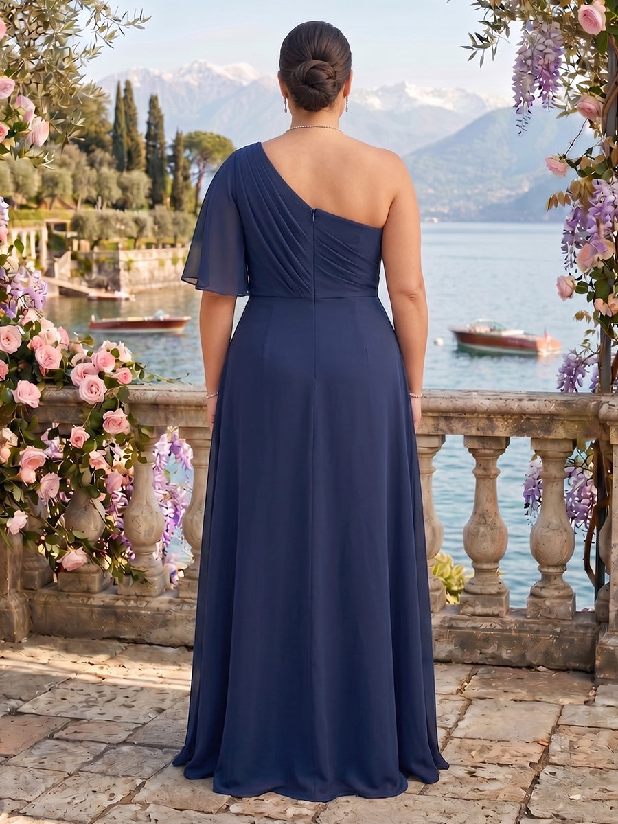 Chiffon One Shoulder Plus Size A Line Mother of the Bride Dresses with Slit