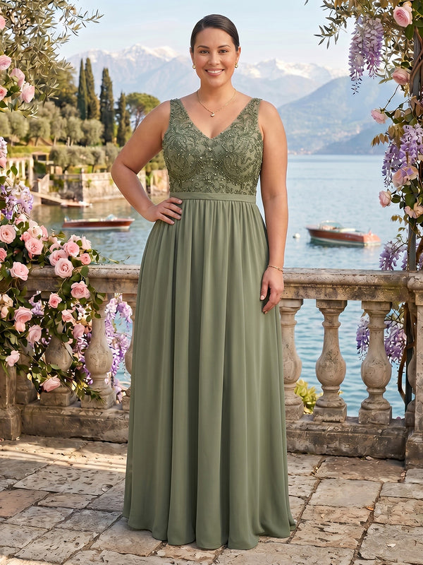 Lace Sleeveless Plus Size V Neck A Line Mother of the Bride Dresses